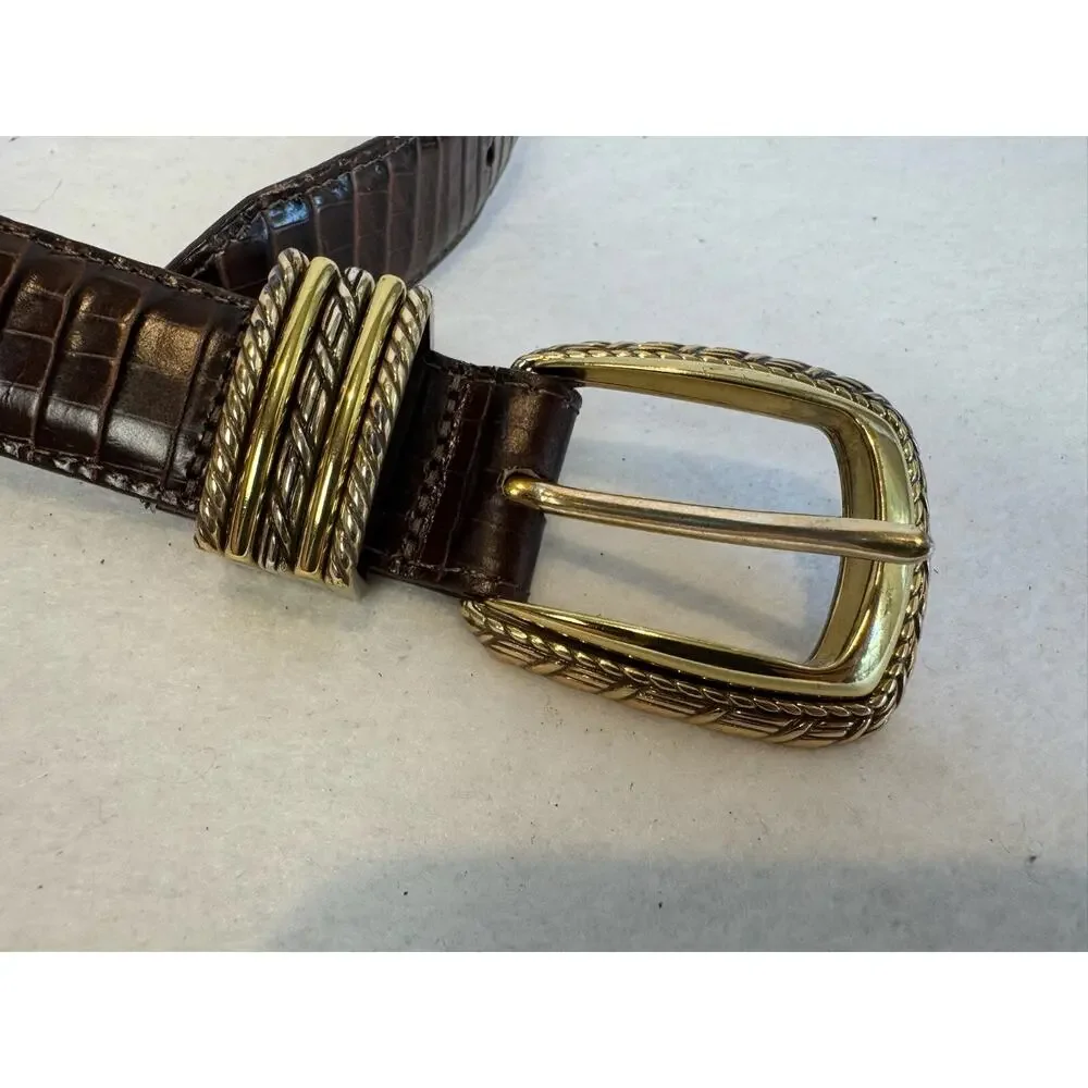 Vtg Brighton Brown Snake Embossed Leather Belt Gold Silver Tone Buckle 4B708‎ XS